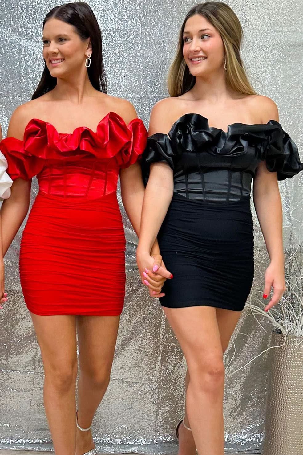 Vibrant Red Off-the-Shoulder Bodycon Cocktail Dress with Playful Ruffles BM bride