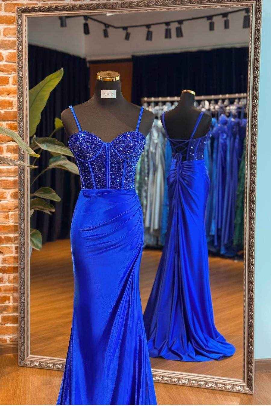 Spaghetti Strap Sweetheart Sleeveless Long Mermaid Prom Dress With Sequins