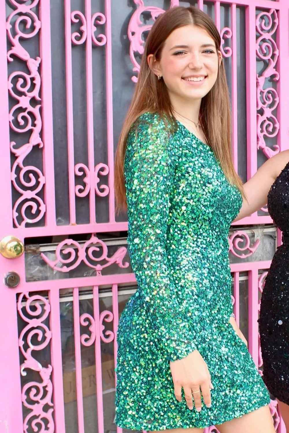 Fuchsia Sequins Homecoming Dress with Sleeves Bmbride