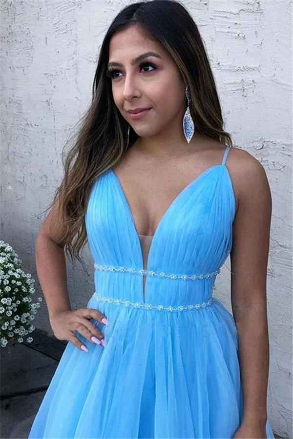 Chic Tulle Sky Blue Spaghetti Strap V Neck Sleeveless Long Evening Dress