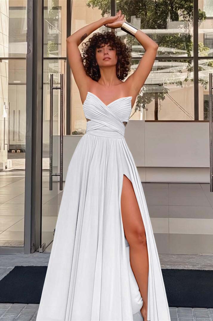 Strapless Sleeveless Long High Split Prom Dress With Pleated BMBRIDE