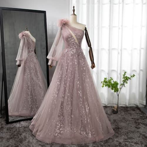 Extreme Pink Sexy One-Shoulder Feather Elegant Evening Dress BM bride