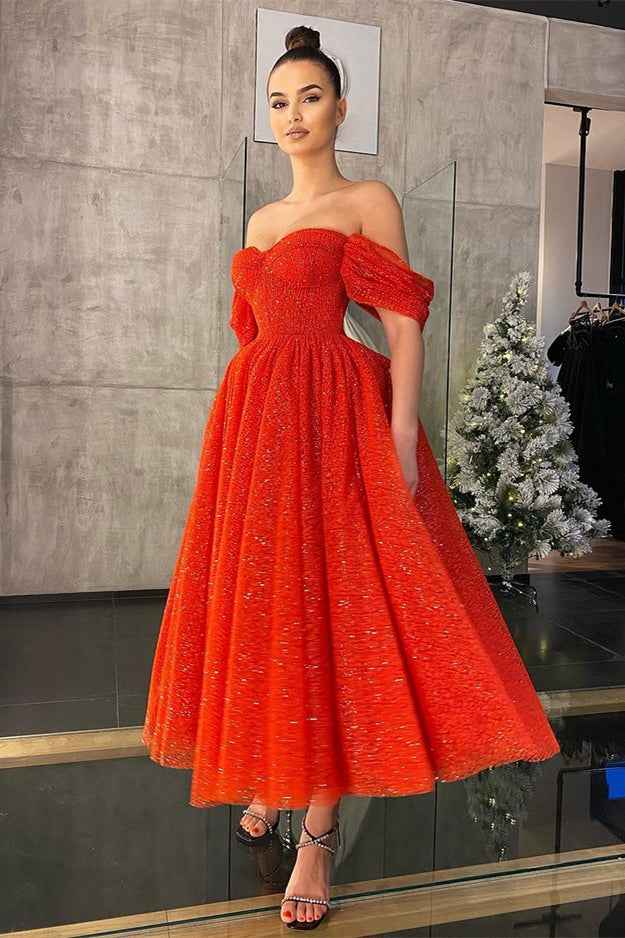 Off the Shoulder Strapless Sweetheart Red A Line Prom Dress With Sequins