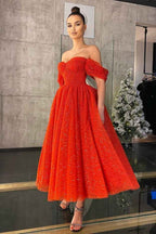 Off the Shoulder Strapless Sweetheart Red A Line Prom Dress With Sequins