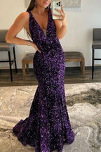 Purple V-Neck Long Sequined Mermaid Prom Dress BM bride
