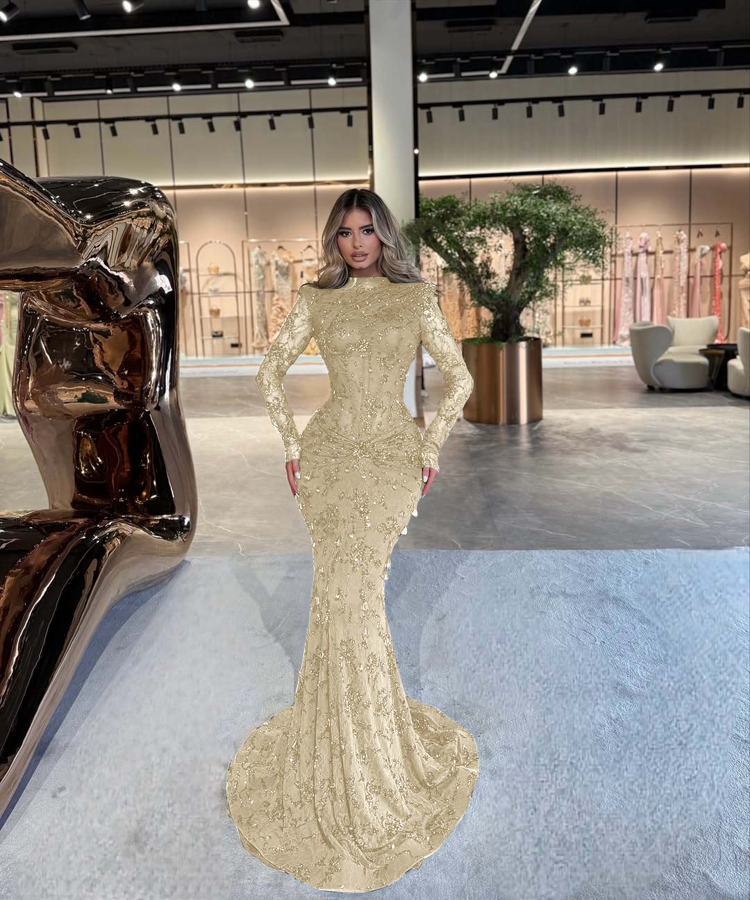 High Neck Long Sleeves Long Mermaid Prom Dress With Beading Pleated BMBRIDE