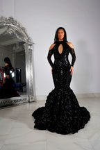 Black Half-Sleeve Halter Mermaid Prom Dress with Floral Appliques BM bride