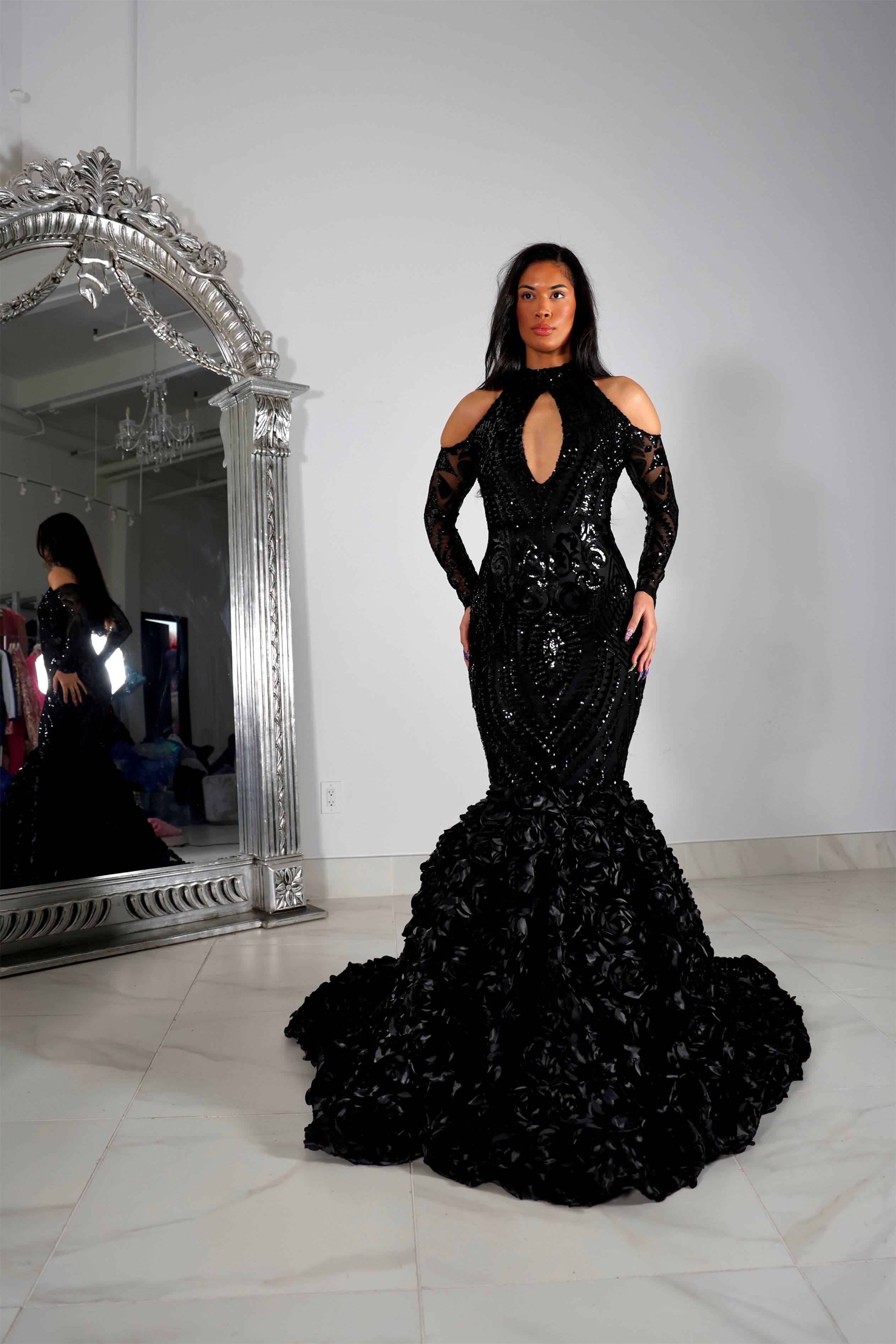 Black Long Sleeves Prom Dress With Appliques Long Flowers Mermaid