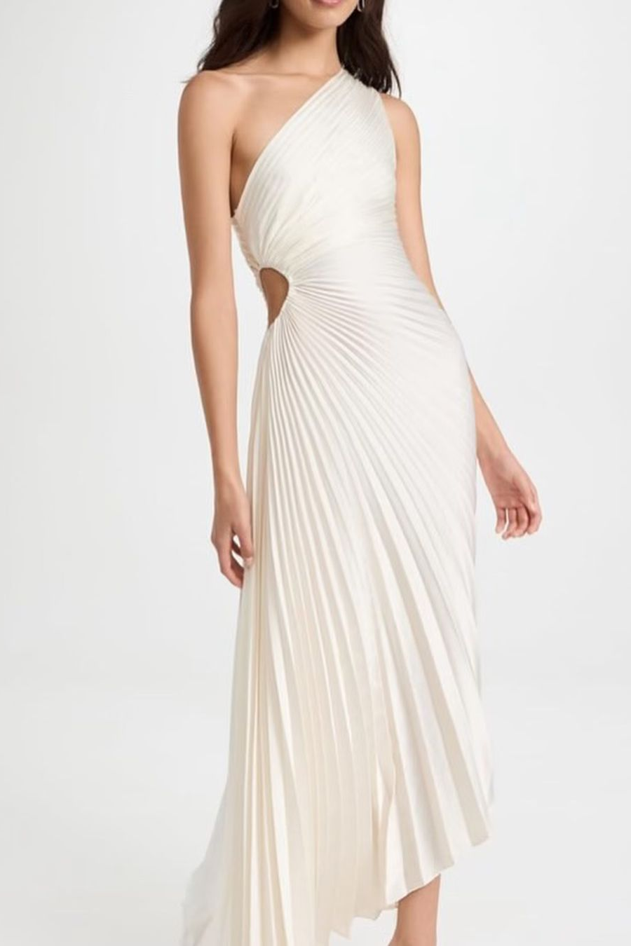 Shinning White One Shoulder Sleeveless Long Prom Dress With Pleated