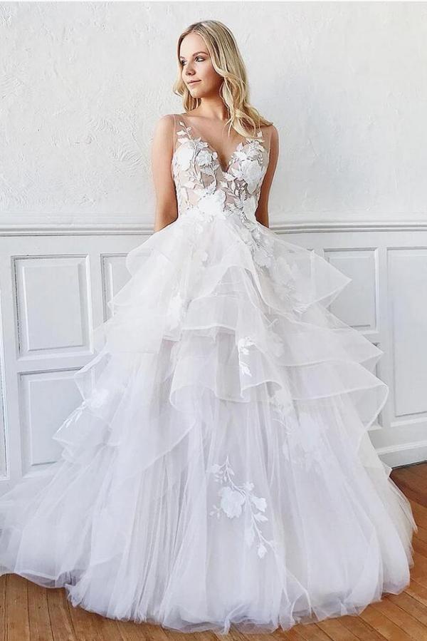 Modest Spaghetti Straps V-Neck A-line Wedding Dress With Lace BM bride