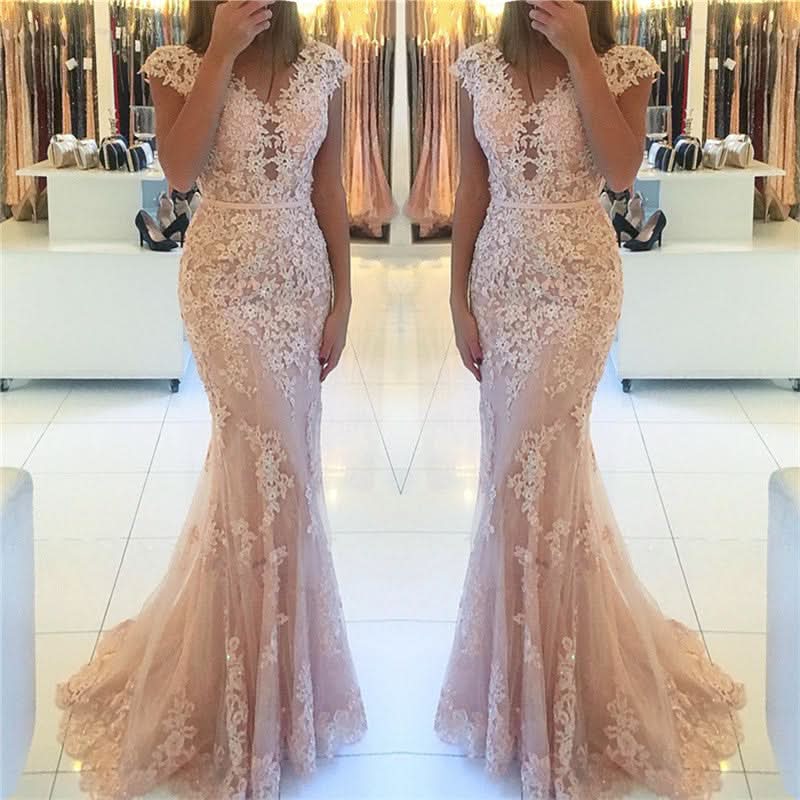 Mermaid Cap Sleeve Prom Dress with Appliques BM bride