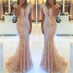 Stunning Tulle Lace Appliques Mermaid Cap Sleeves Long Prom Dress With Belt