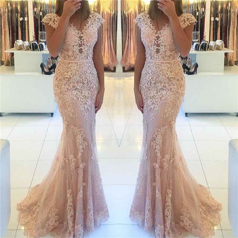 Stunning Tulle Lace Appliques Mermaid Cap Sleeves Long Prom Dress With Belt