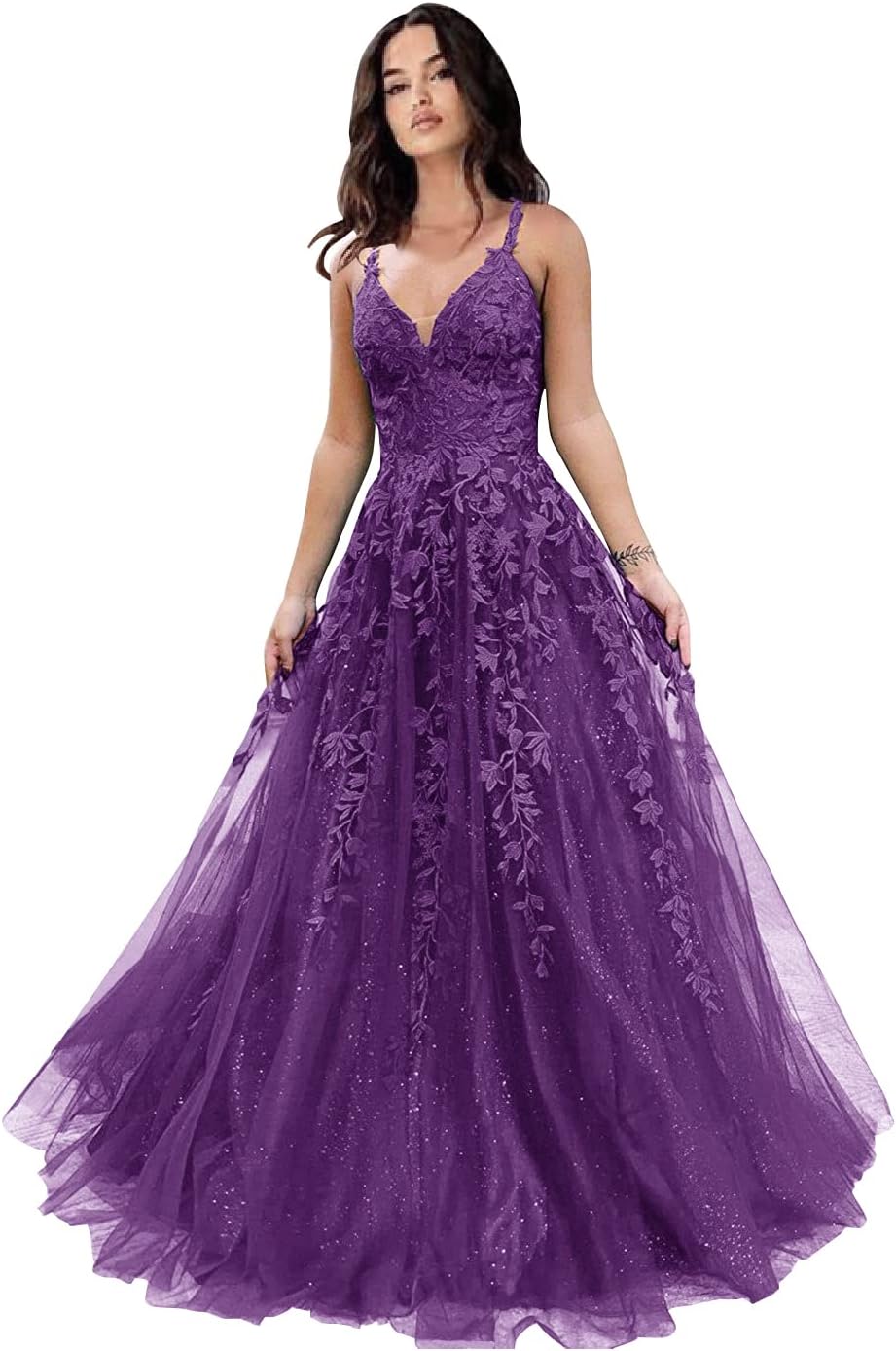 Tulle Prom Dresses for Women 2025 Sparkly Lace Appliques Long Ball Gowns Spaghetti Straps A-Line Evening Gowns