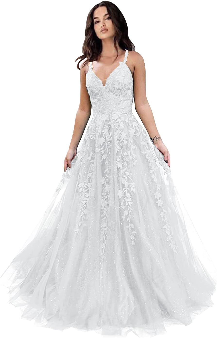 Tulle Prom Dresses for Women 2025 Sparkly Lace Appliques Long Ball Gowns Spaghetti Straps A-Line Evening Gowns
