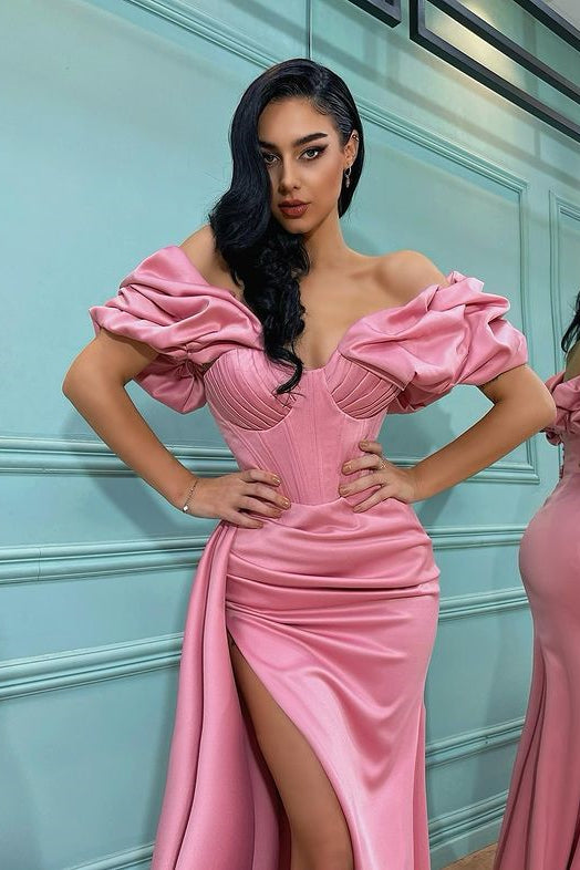 Pink Mermaid Off the Shoulder Sweetheart High Split Prom Dress With Pleated BMBRIDE