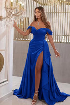 Elegant Sky Blue Off-The-Shoulder Sweetheart Prom Dress with Split Mermaid BM bride