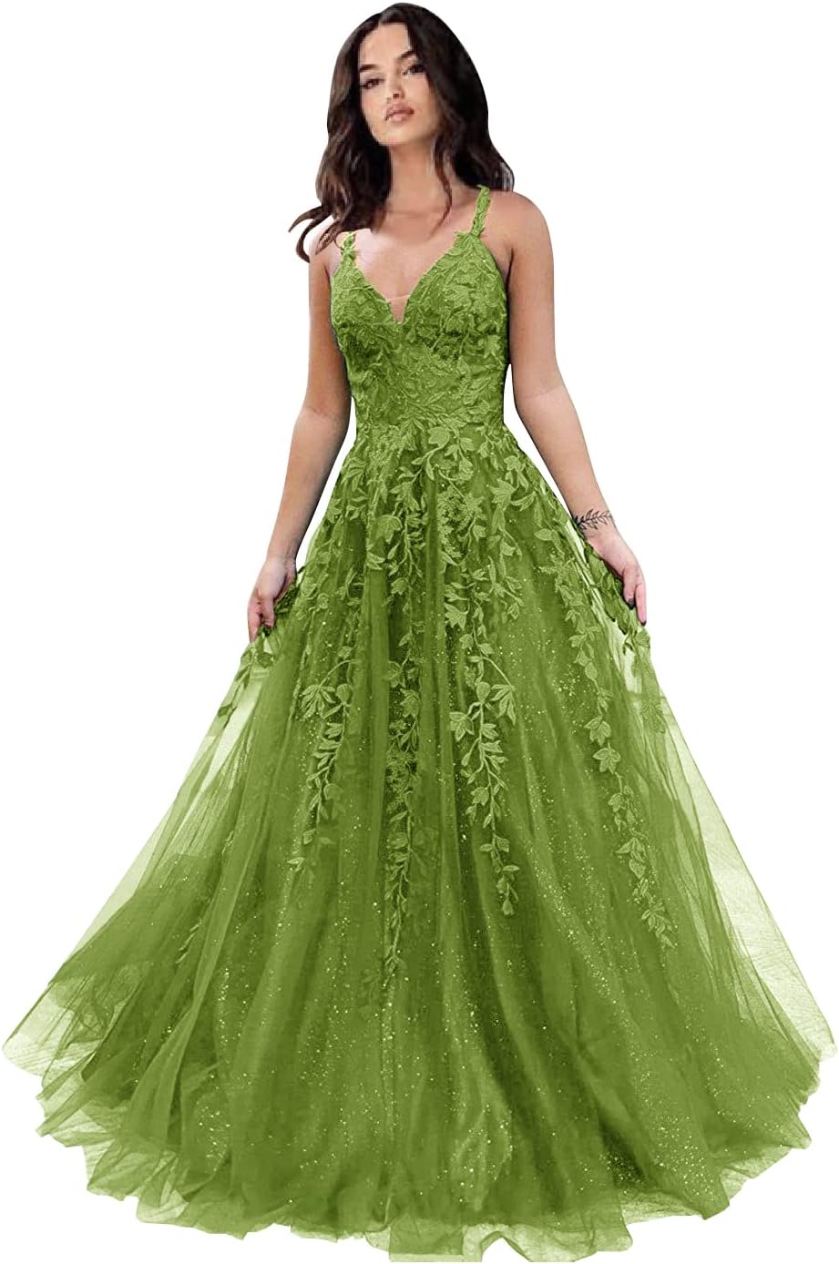 Tulle Prom Dresses for Women 2025 Sparkly Lace Appliques Long Ball Gowns Spaghetti Straps A-Line Evening Gowns