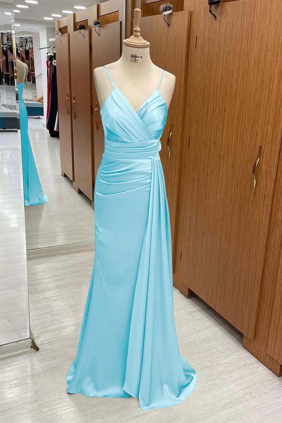 Spaghetti Strap Sleeveless Long Mermaid Prom Dress With Pleated BMBRIDE