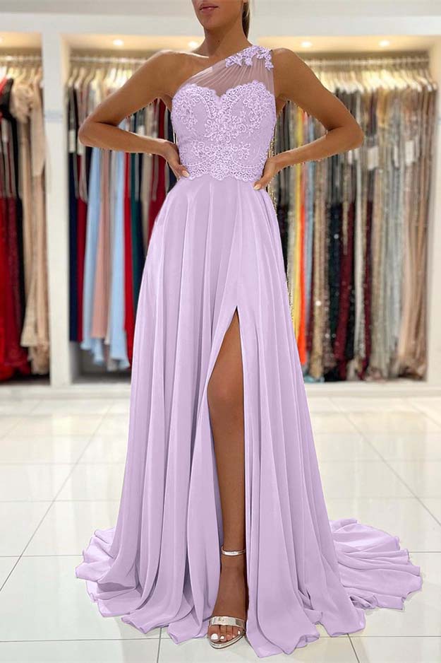 Glamorous One Shoulder Sleeveless Lace Appliques Prom Dress With Front Split BMBRIDE