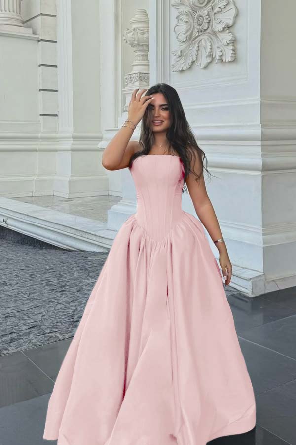 Chic Sleeveless Strapless Long A Line Prom Dress With Pleated BMBRIDE