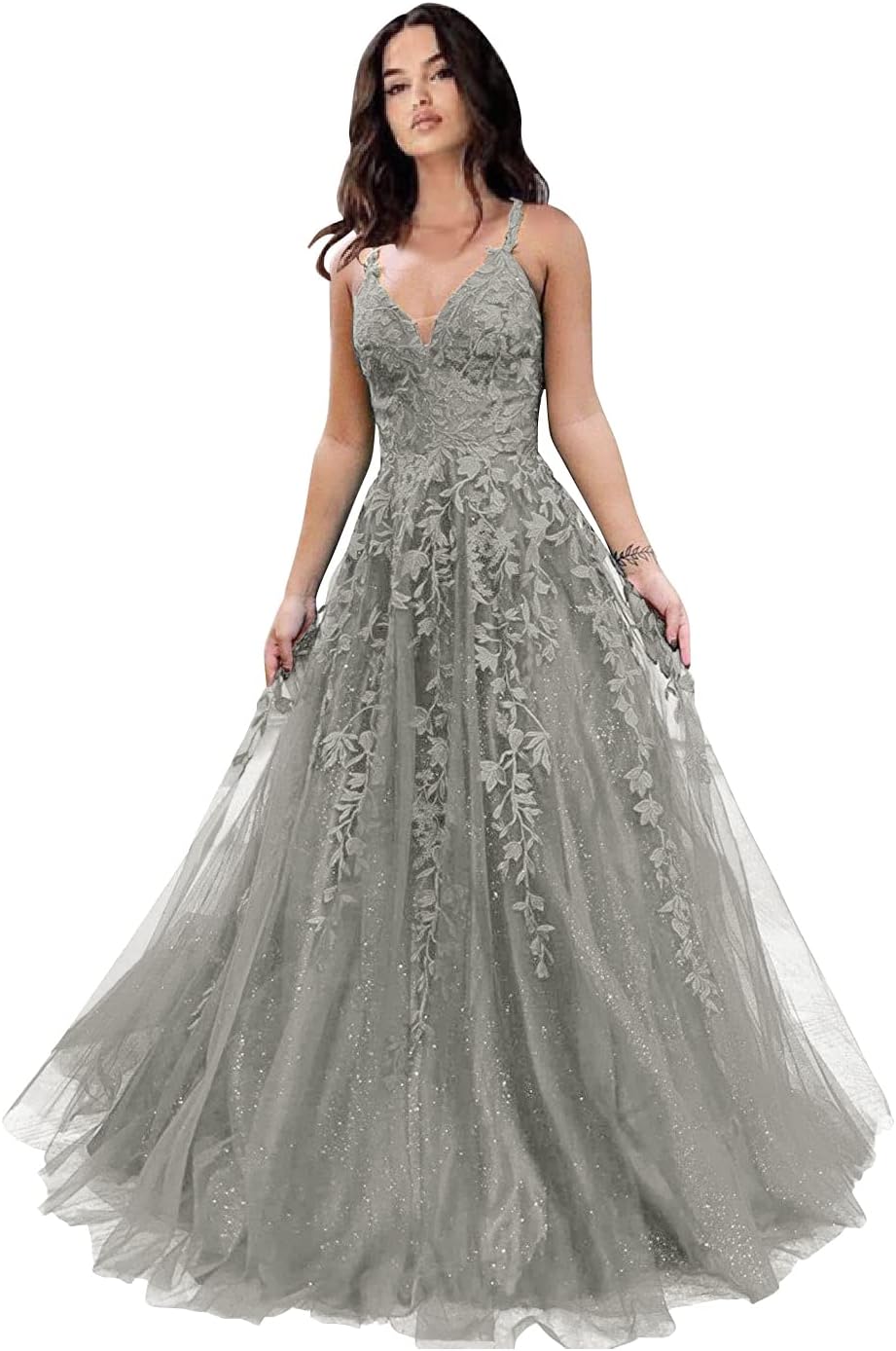 Tulle Prom Dresses for Women 2025 Sparkly Lace Appliques Long Ball Gowns Spaghetti Straps A-Line Evening Gowns
