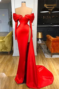 Red Off-the-Shoulder Long Sleeve Mermaid Prom Dress with Split BM bride