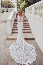 Loyeloy Women's Wedding Dresses for Bride 2025 Sexy V Neck Slit Lace Bridal Wedding Gowns for Bride YJ010