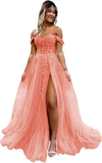 Off The Shoulder Tulle Prom Dresses with Slit Laces Applique Sweetheart Long Formal Evening Party Gowns Bmbride