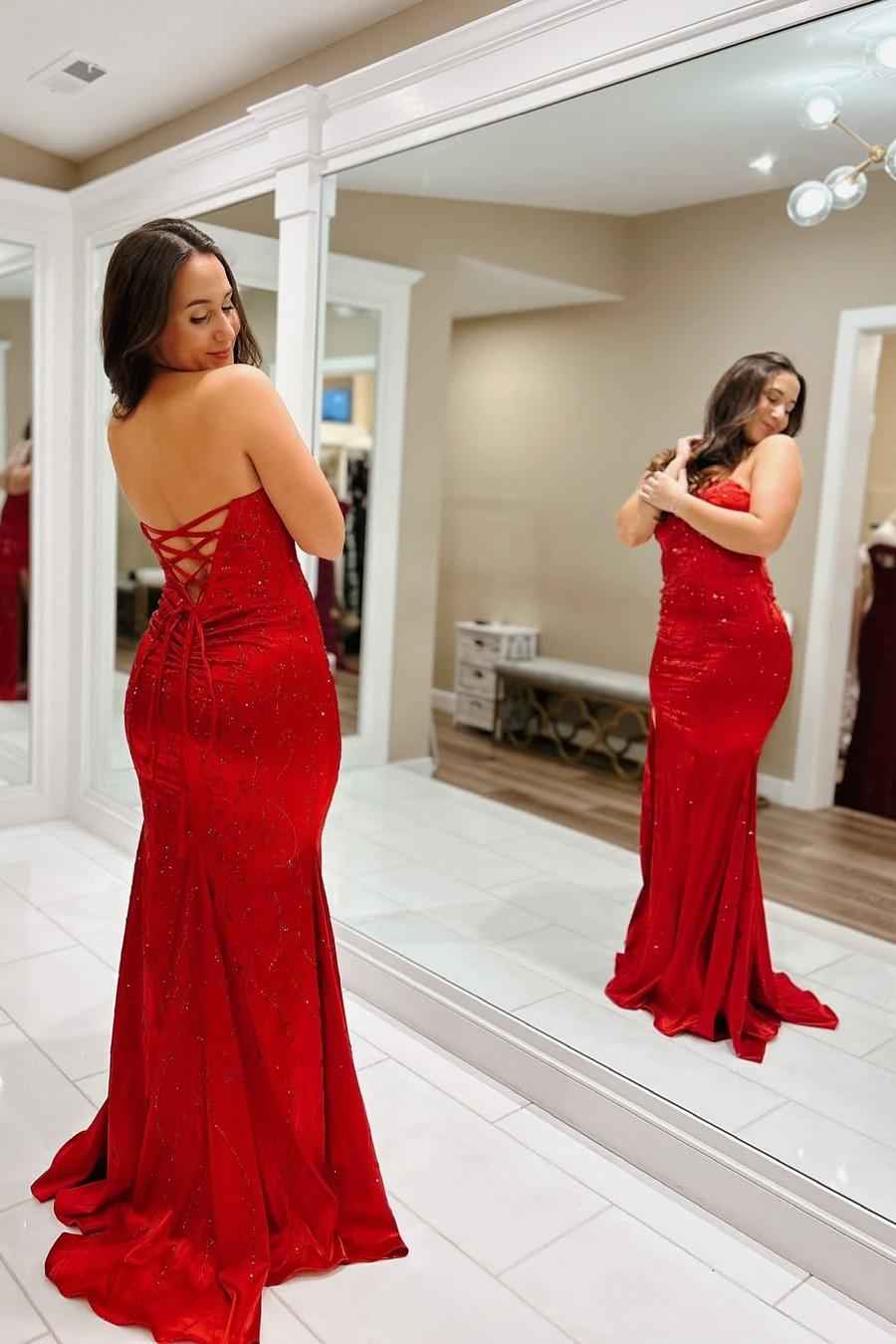 Strapless Sleeveless High Split Long Prom Dress With Appliques