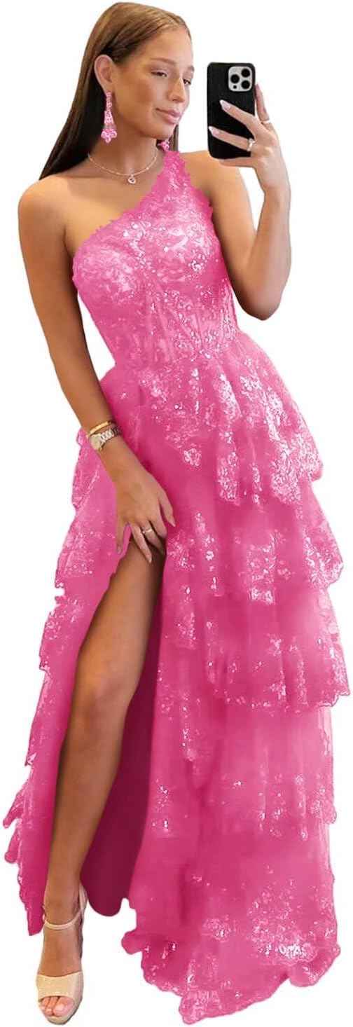 Cudiew One Shoulder Lace Tulle Tiered Prom Dress Sparkly Sequined Applique Long Maxi Formal Evening Party Gowns 2025