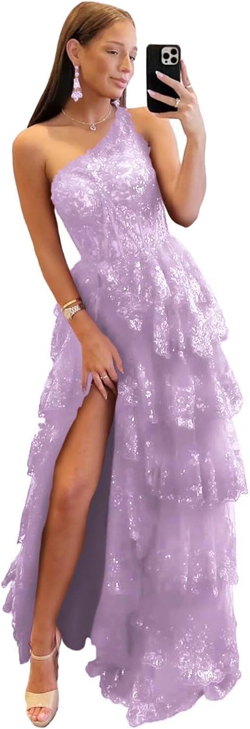 One Shoulder Lace Tulle Tiered Prom Dress Sparkly Sequined Applique Long Maxi Formal Evening Party Gowns 2025