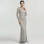 Grey Luxury Long Sleeves Evening Dress with Sparkly Diamond Beading BM bride