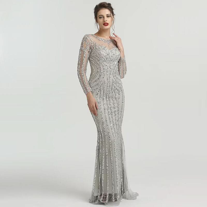 Grey Luxury Long Sleeves Evening Dress with Sparkly Diamond Beading BM bride
