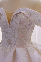 Off-the-Shoulder Satin Ruffle Ball Gown Wedding Dress with Sequins and Beadings BM bride