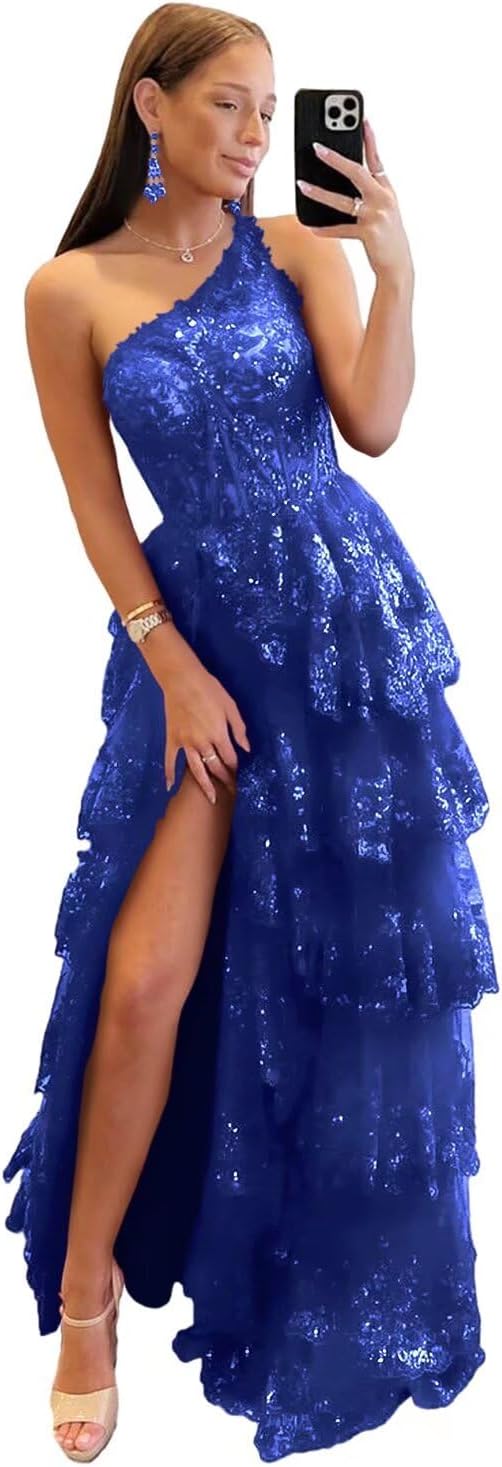 One Shoulder Lace Tulle Tiered Prom Dress Sparkly Sequined Applique Long Maxi Formal Evening Party Gowns 2025