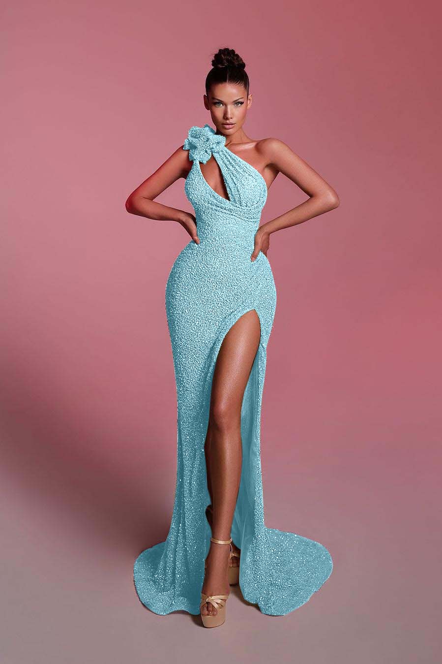 Charming Sequins One Shoulder Sleeveless Long Prom Dress With Front Split