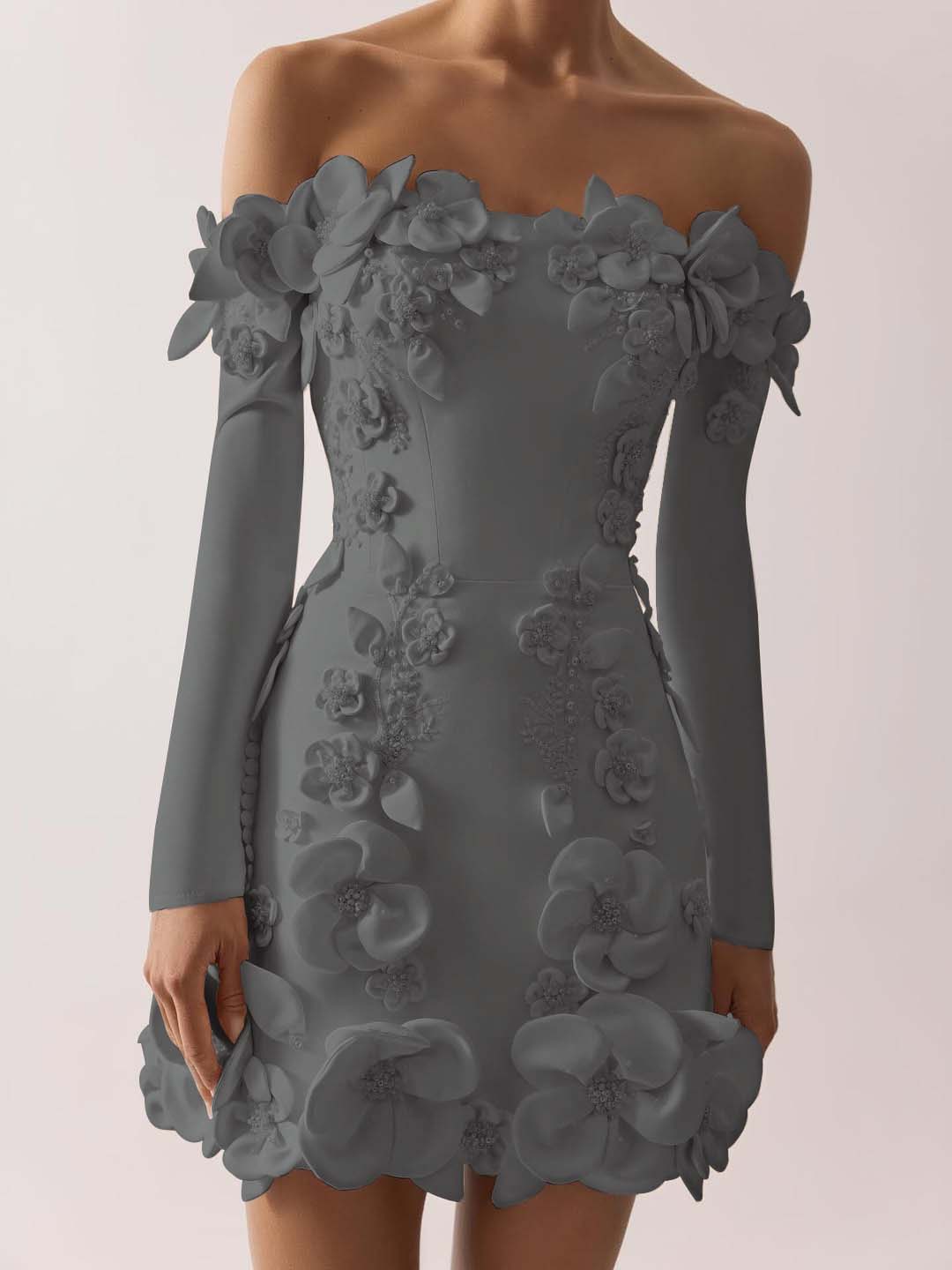 Off the Shoulder Long Sleeves Short Prom Dress With Appliques BMBRIDE