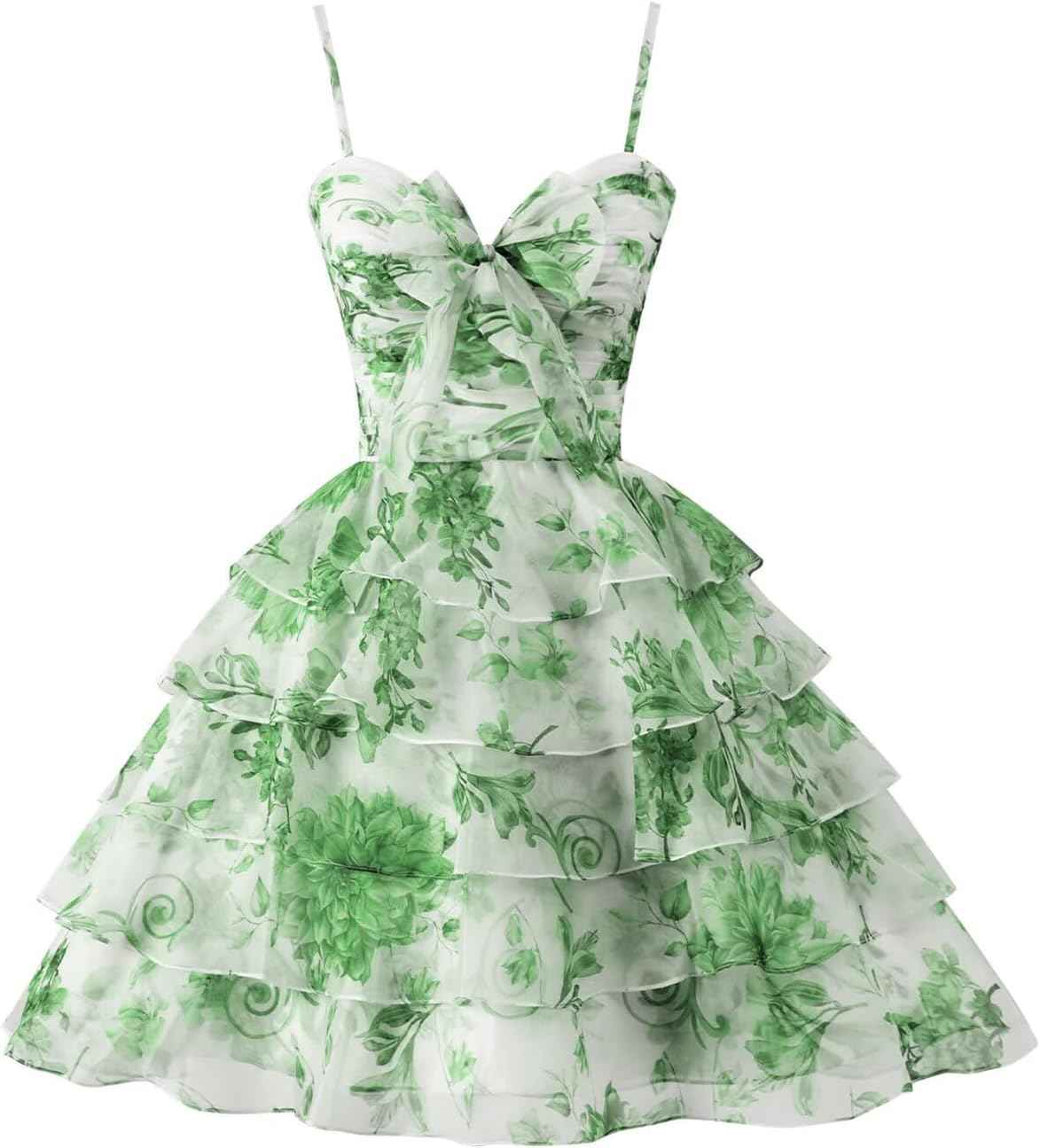 SoDigne Tiered Ruffles Short Homecoming Dresses with Bow Corset Floral Print Mini Cocktail Party Gown