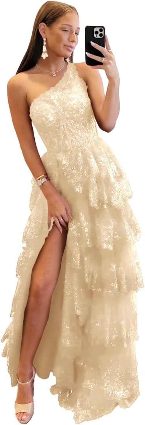 Cudiew One Shoulder Lace Tulle Tiered Prom Dress Sparkly Sequined Applique Long Maxi Formal Evening Party Gowns 2025