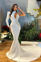 White Sequins Long Sleeve High Neck Mermaid Prom Dress One Shoulder