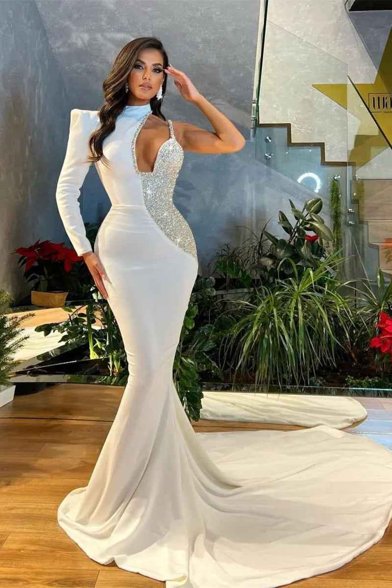 Beautiful White One Shoulder Long Sleeve Prom Dress Cut Out Mermaid