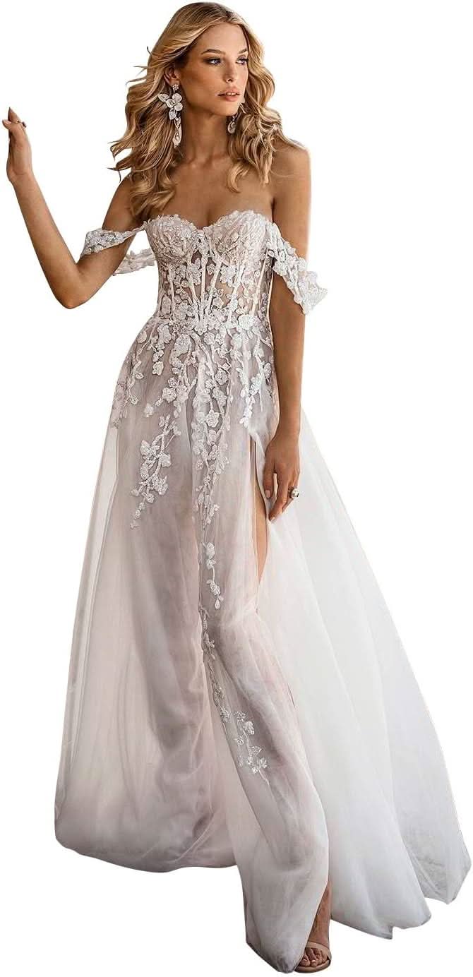 Women's Beach Spaghetti Strap Wedding Dresses for Bride 2025 Boho Long Lace Bridal Gowns for Wedding