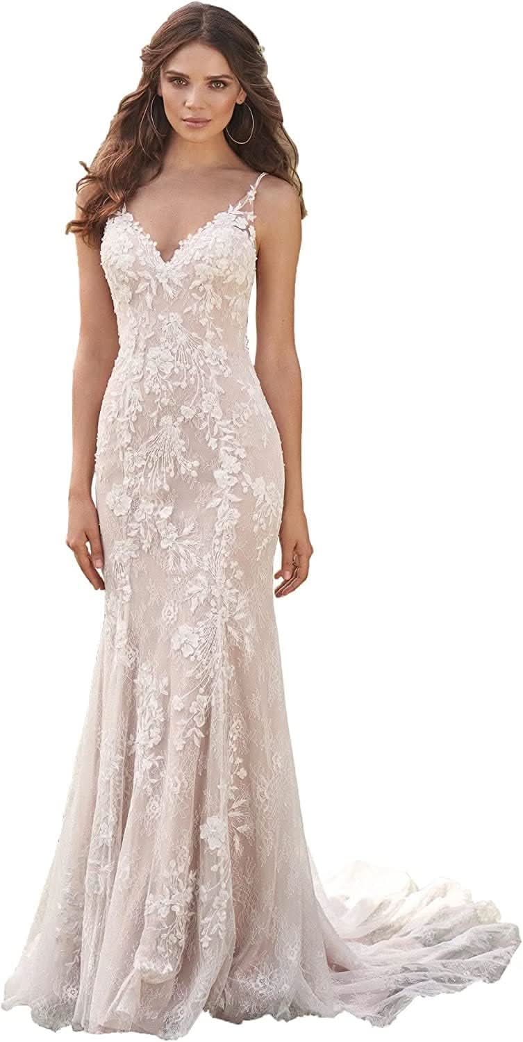 Loyeloy Women's Wedding Dresses for Bride 2025 Sexy V Neck Slit Lace Bridal Wedding Gowns for Bride YJ010