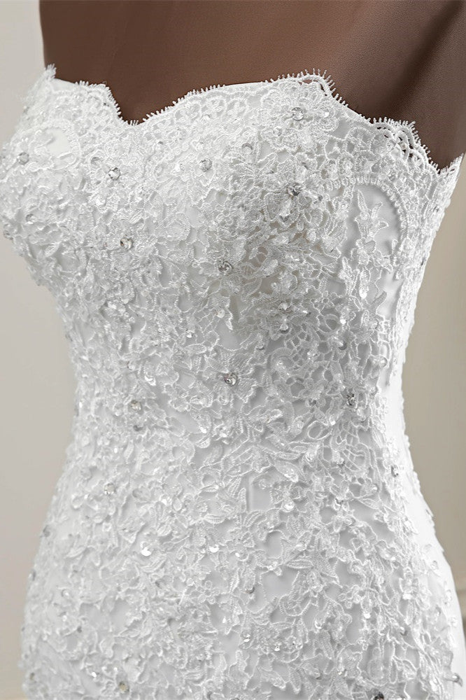 Strapless Lace Applique Long Mermaid Wedding Dress with Beading BM bride