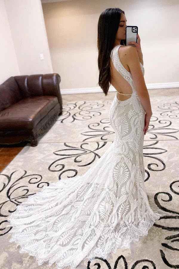 Women's Beach Wedding Dresses for Bride 2022 Vintage Long Sleeves Lace Bohemian Bridal Gown Bmbride