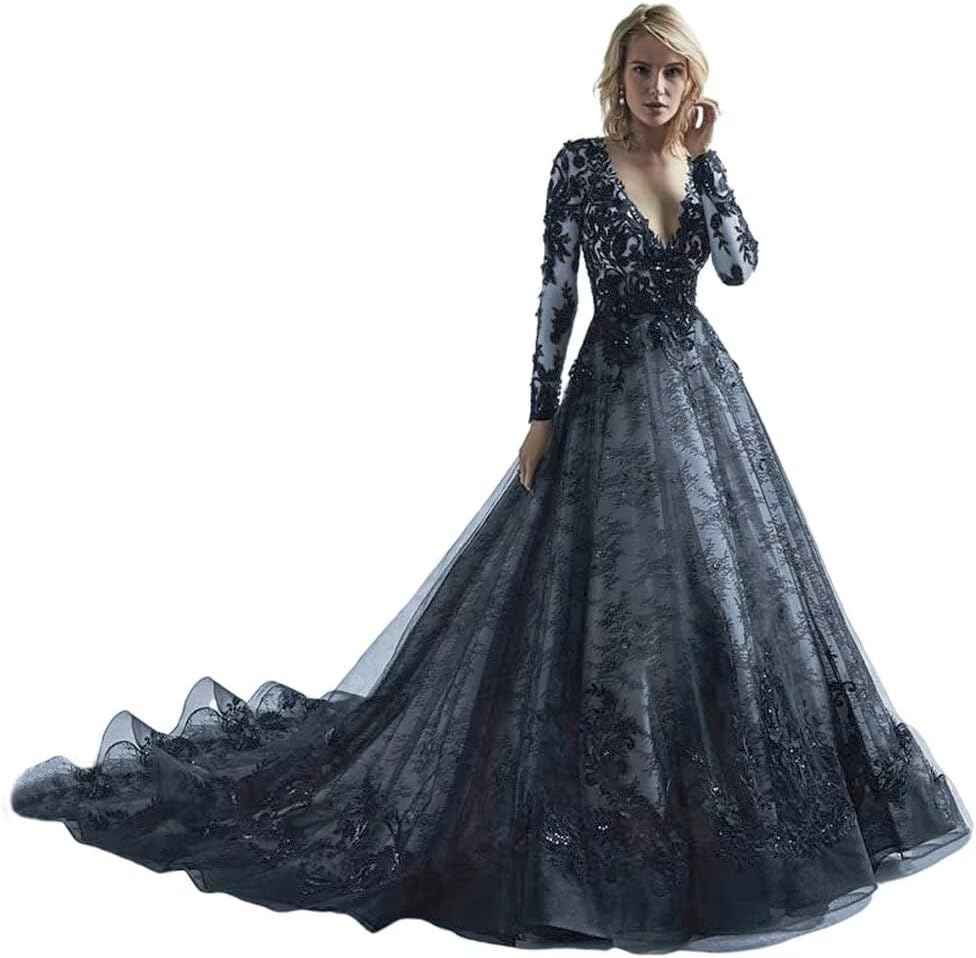 Black Wedding Dresses for Bride Long Sleeve Bridal Gowns V Neck Lace Appliques Wedding Gowns with Train Bmbride