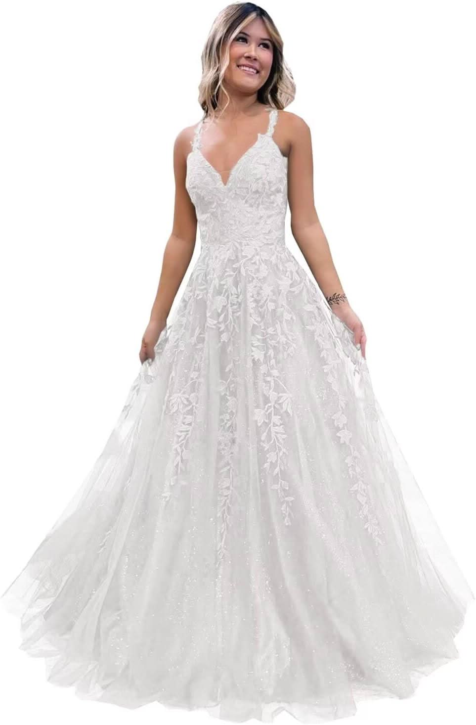 Tulle Lace Appliques Sparkly Prom Dresses A Line with Slit V Neck Formal Party Dress Bmbride