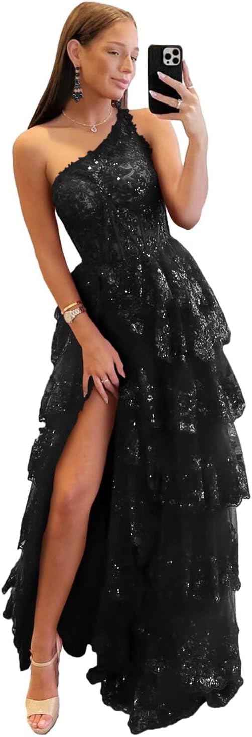 Cudiew One Shoulder Lace Tulle Tiered Prom Dress Sparkly Sequined Applique Long Maxi Formal Evening Party Gowns 2025