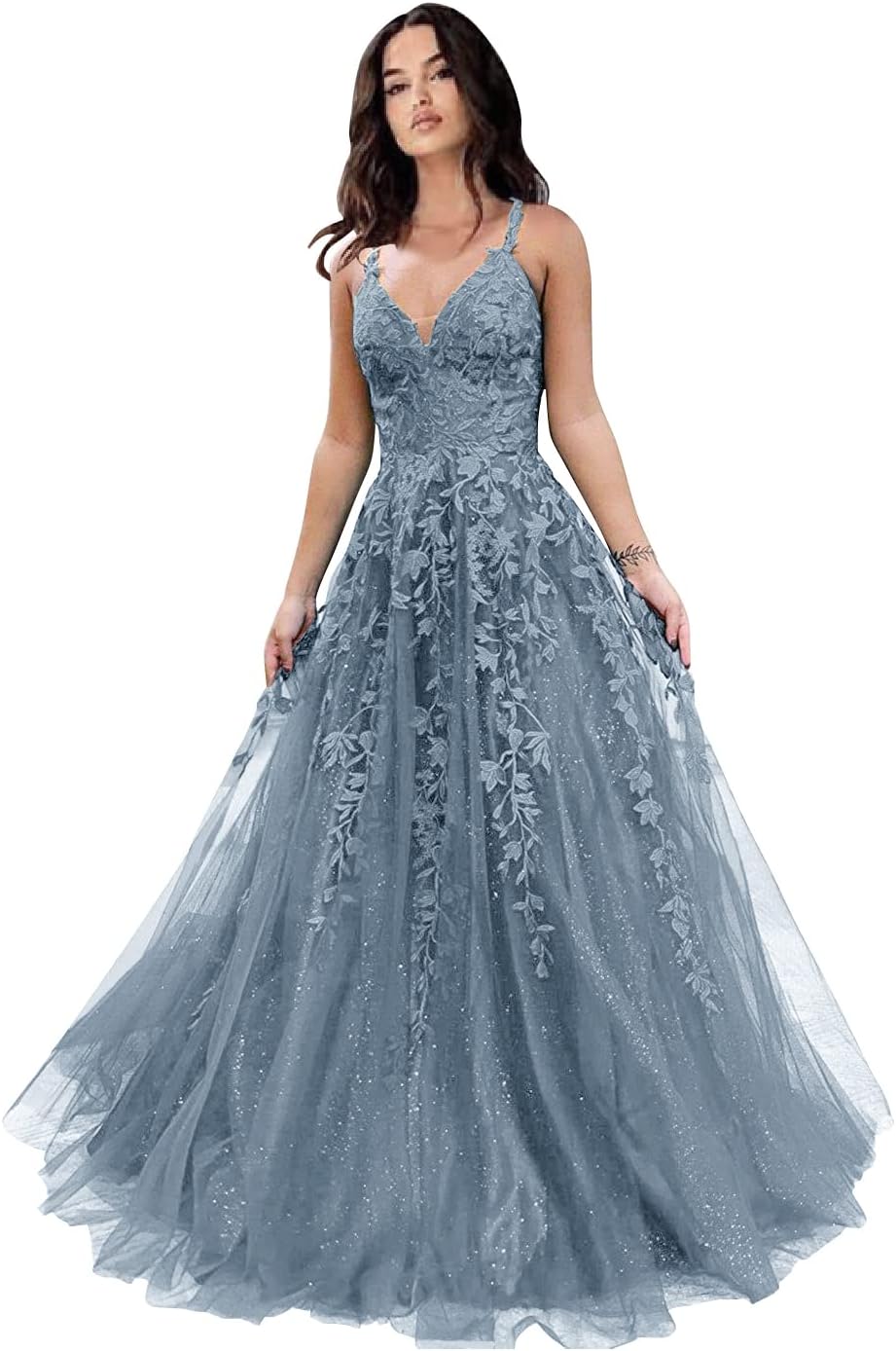 Tulle Prom Dresses for Women 2025 Sparkly Lace Appliques Long Ball Gowns Spaghetti Straps A-Line Evening Gowns